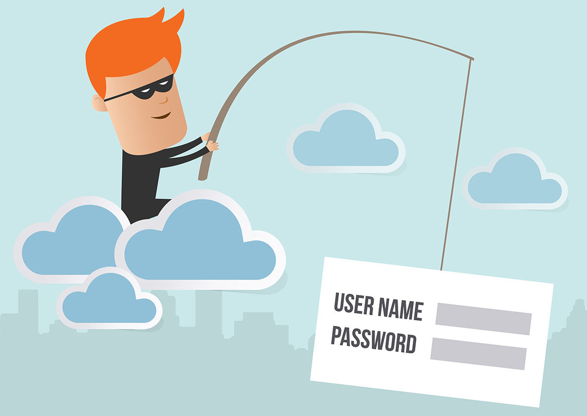 Illustration of hacker stealing data from cloud, secure computing and phishing concept.