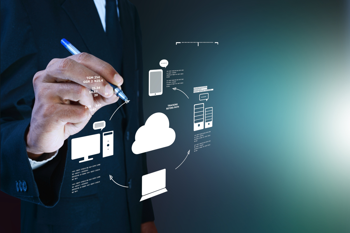 Man's hand working on digital diagram about Microsoft