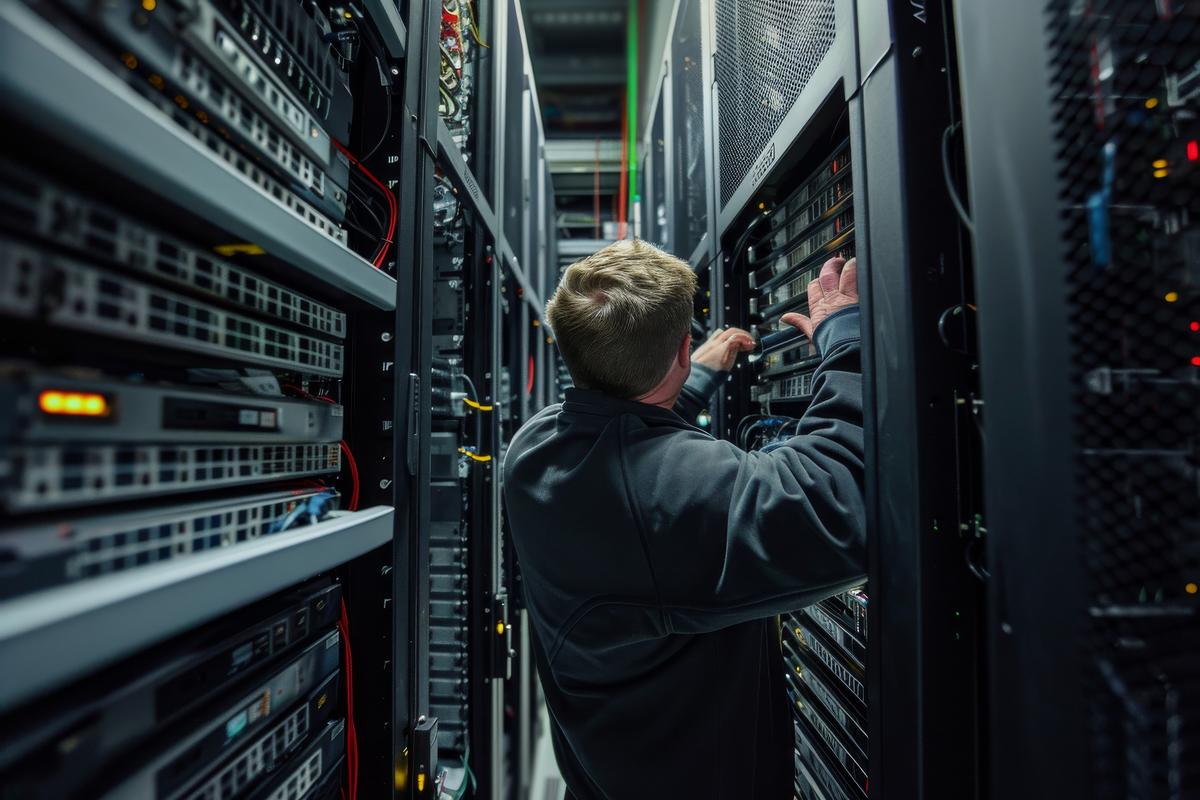 Man working in server room
