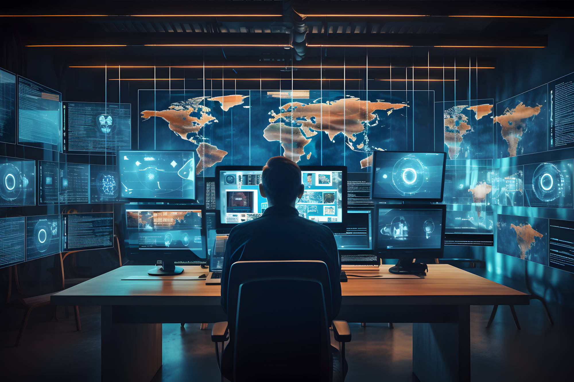 Back view of man sitting at desk with numerous monitors