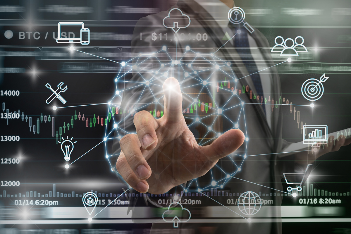 Man pointing finger at digital connection icons