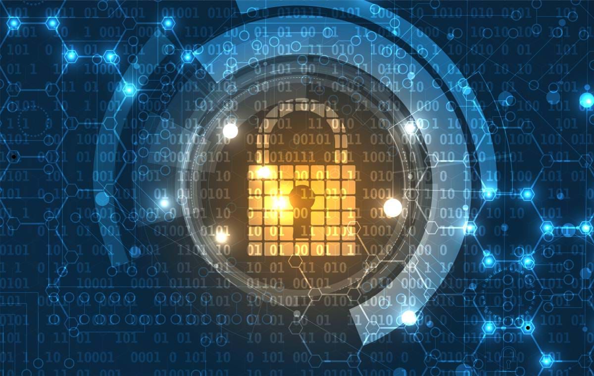 Security padlock on abstract blue background